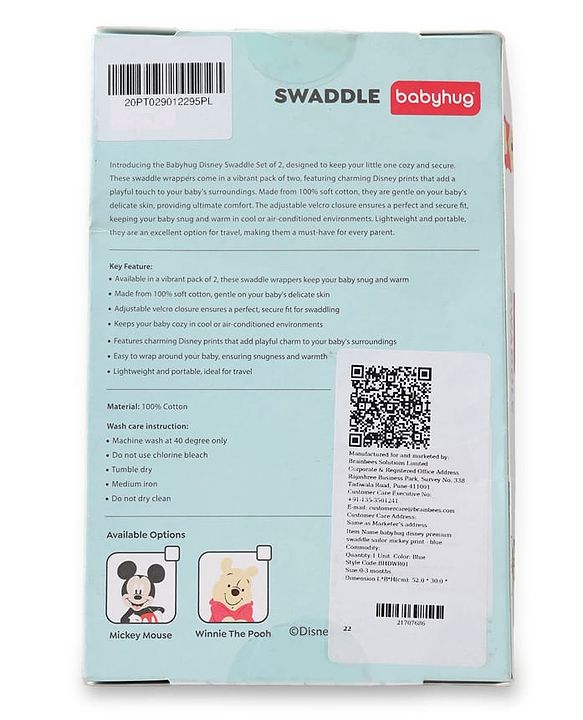 Babyhug Disney Sailor Mickey Premium Swaddle Wrapper - Blue Soft Breathable Cotton Adjustable Velcro Closure| Gentle on Baby's Skin 0-6 Months Prevents Startling Reflex Travel Friendly