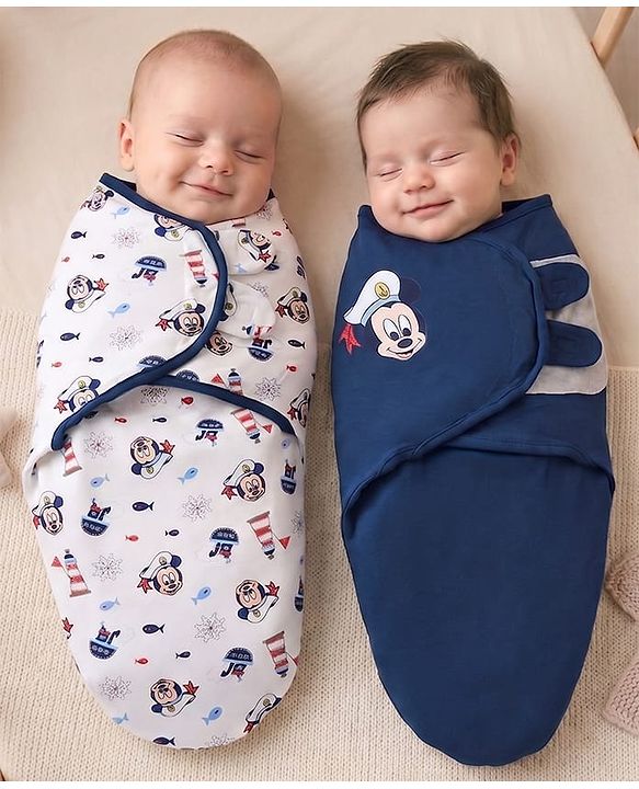 Babyhug Disney Sailor Mickey Premium Swaddle Pack of 2 - Navy & White Soft & Skin Friendly Cotton Velcro Closure| Newborn Baby Wrapper  0 to 6 Months Prevents Startling Reflex Travel Friendly