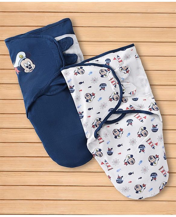 Babyhug Disney Sailor Mickey Premium Swaddle Pack of 2 - Navy & White Soft & Skin Friendly Cotton Velcro Closure| Newborn Baby Wrapper  0 to 6 Months Prevents Startling Reflex Travel Friendly