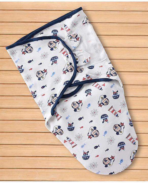 Babyhug Disney Sailor Mickey Premium Swaddle Pack of 2 - Navy & White Soft & Skin Friendly Cotton Velcro Closure| Newborn Baby Wrapper  0 to 6 Months Prevents Startling Reflex Travel Friendly