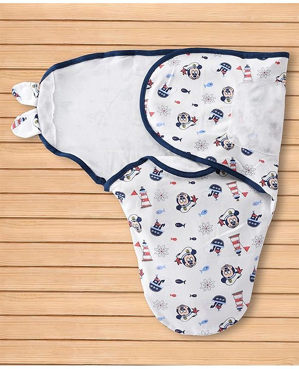 Babyhug Disney Sailor Mickey Premium Swaddle Pack of 2 - Navy & White Soft & Skin Friendly Cotton Velcro Closure| Newborn Baby Wrapper  0 to 6 Months Prevents Startling Reflex Travel Friendly