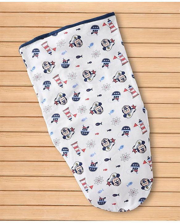 Babyhug Disney Sailor Mickey Premium Swaddle Pack of 2 - Navy & White Soft & Skin Friendly Cotton Velcro Closure| Newborn Baby Wrapper  0 to 6 Months Prevents Startling Reflex Travel Friendly