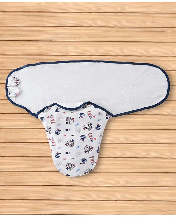 Babyhug Disney Sailor Mickey Premium Swaddle Pack of 2 - Navy & White Soft & Skin Friendly Cotton Velcro Closure| Newborn Baby Wrapper  0 to 6 Months Prevents Startling Reflex Travel Friendly