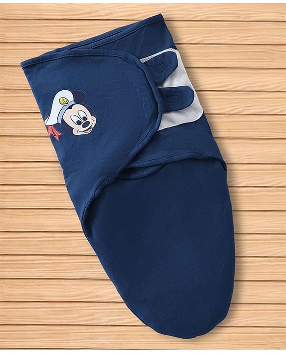 Babyhug Disney Sailor Mickey Premium Swaddle Pack of 2 - Navy & White Soft & Skin Friendly Cotton Velcro Closure| Newborn Baby Wrapper  0 to 6 Months Prevents Startling Reflex Travel Friendly