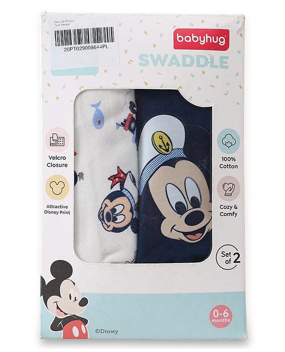 Babyhug Disney Sailor Mickey Premium Swaddle Pack of 2 - Navy & White Soft & Skin Friendly Cotton Velcro Closure| Newborn Baby Wrapper  0 to 6 Months Prevents Startling Reflex Travel Friendly