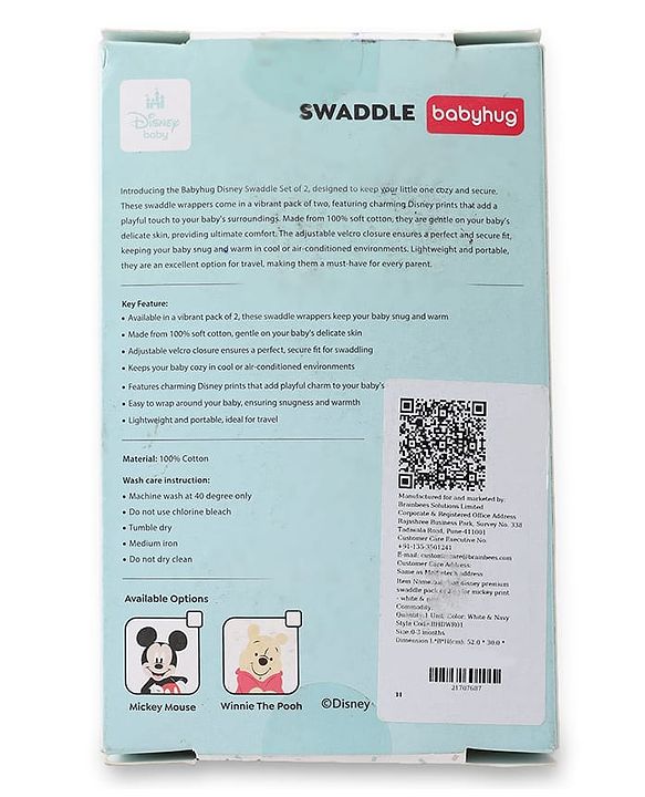 Babyhug Disney Sailor Mickey Premium Swaddle Pack of 2 - Navy & White Soft & Skin Friendly Cotton Velcro Closure| Newborn Baby Wrapper  0 to 6 Months Prevents Startling Reflex Travel Friendly