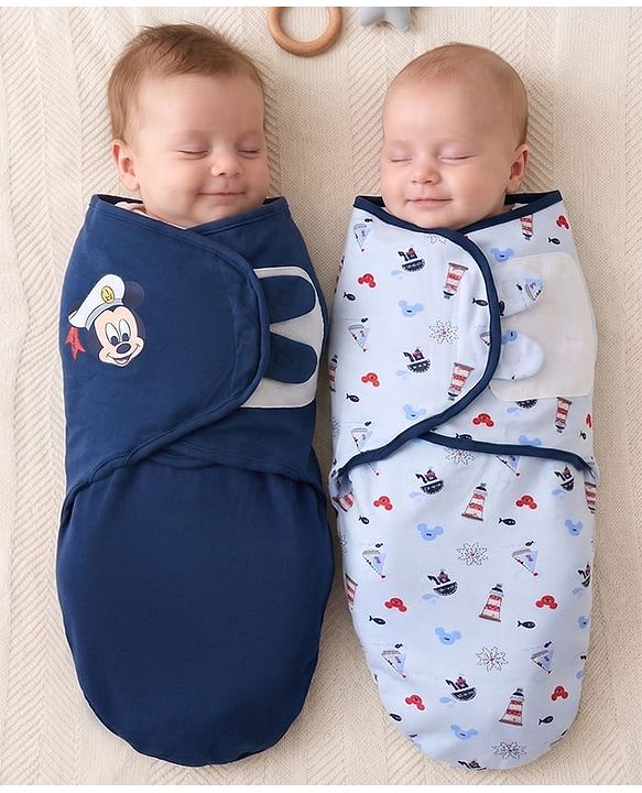 Babyhug Disney Sailor Mickey Premium Swaddle Wrapper Pack of 2 - Navy Blue Soft & Skin Friendly Cotton Velcro Closure Newborn Baby Wrapper 0 to 6 Months Prevents Startling Reflex| Trave Friendly