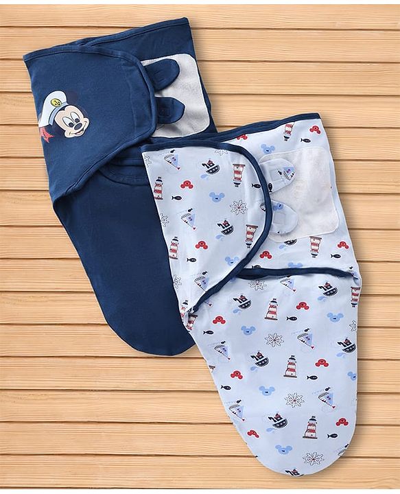 Babyhug Disney Sailor Mickey Premium Swaddle Wrapper Pack of 2 - Navy Blue Soft & Skin Friendly Cotton Velcro Closure Newborn Baby Wrapper 0 to 6 Months Prevents Startling Reflex| Trave Friendly