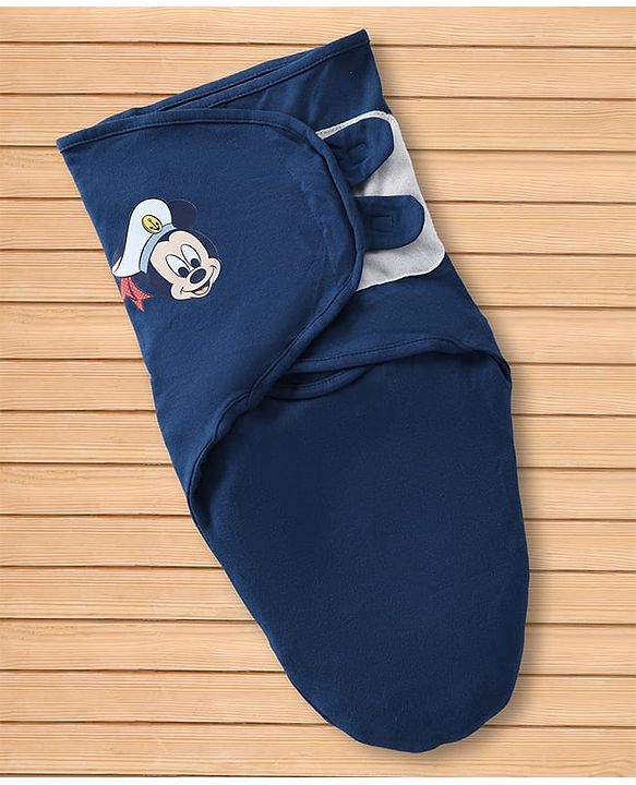 Babyhug Disney Sailor Mickey Premium Swaddle Wrapper Pack of 2 - Navy Blue Soft & Skin Friendly Cotton Velcro Closure Newborn Baby Wrapper 0 to 6 Months Prevents Startling Reflex| Trave Friendly