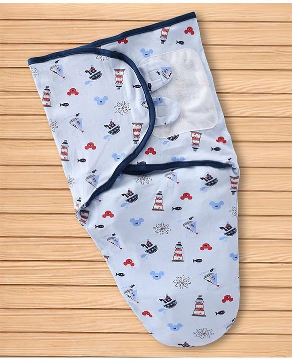 Babyhug Disney Sailor Mickey Premium Swaddle Wrapper Pack of 2 - Navy Blue Soft & Skin Friendly Cotton Velcro Closure Newborn Baby Wrapper 0 to 6 Months Prevents Startling Reflex| Trave Friendly