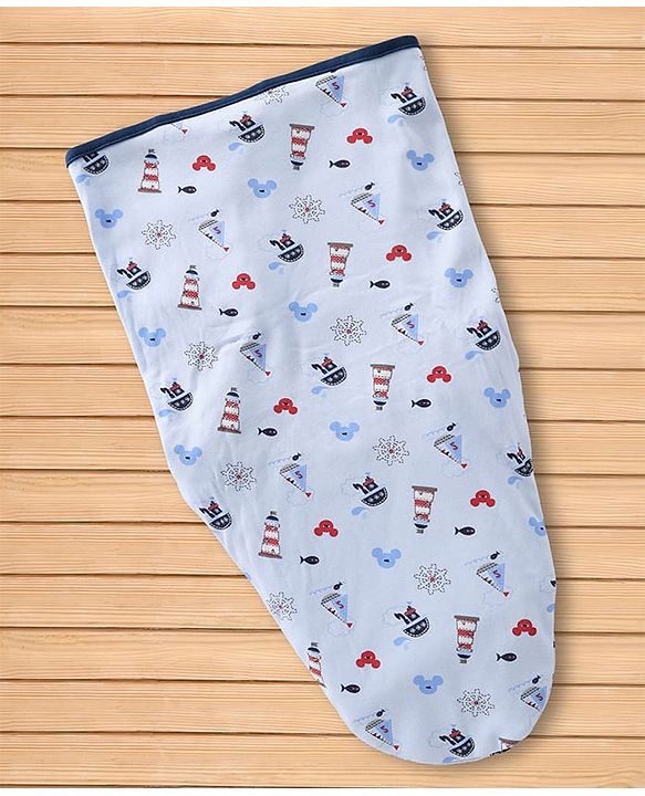 Babyhug Disney Sailor Mickey Premium Swaddle Wrapper Pack of 2 - Navy Blue Soft & Skin Friendly Cotton Velcro Closure Newborn Baby Wrapper 0 to 6 Months Prevents Startling Reflex| Trave Friendly