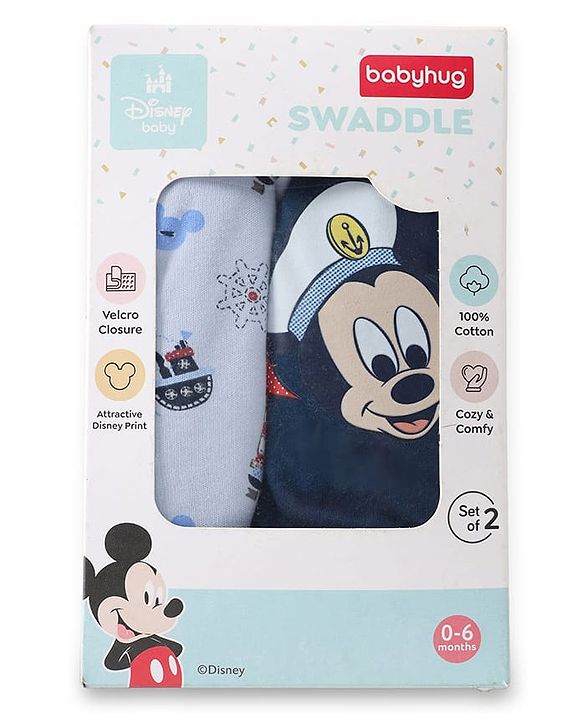 Babyhug Disney Sailor Mickey Premium Swaddle Wrapper Pack of 2 - Navy Blue Soft & Skin Friendly Cotton Velcro Closure Newborn Baby Wrapper 0 to 6 Months Prevents Startling Reflex| Trave Friendly
