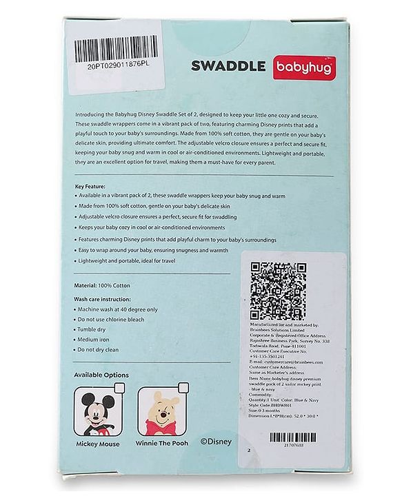 Babyhug Disney Sailor Mickey Premium Swaddle Wrapper Pack of 2 - Navy Blue Soft & Skin Friendly Cotton Velcro Closure Newborn Baby Wrapper 0 to 6 Months Prevents Startling Reflex| Trave Friendly