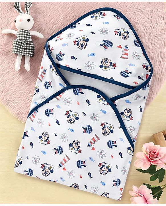 Babyhug Disney Mickey Sailor Print Premium Hooded Wrapper - White| 100% Interlock Cotton| Soft & Breathable| Lightweight & Skin Friendly| 0-6 Months| Prevents Startling Reflex| Travel Friendly