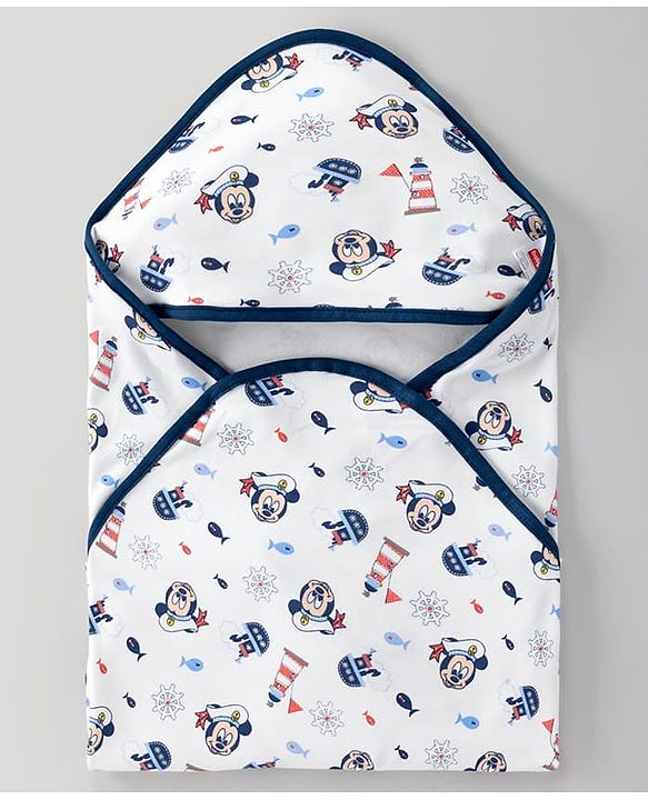 Babyhug Disney Mickey Sailor Print Premium Hooded Wrapper - White| 100% Interlock Cotton| Soft & Breathable| Lightweight & Skin Friendly| 0-6 Months| Prevents Startling Reflex| Travel Friendly