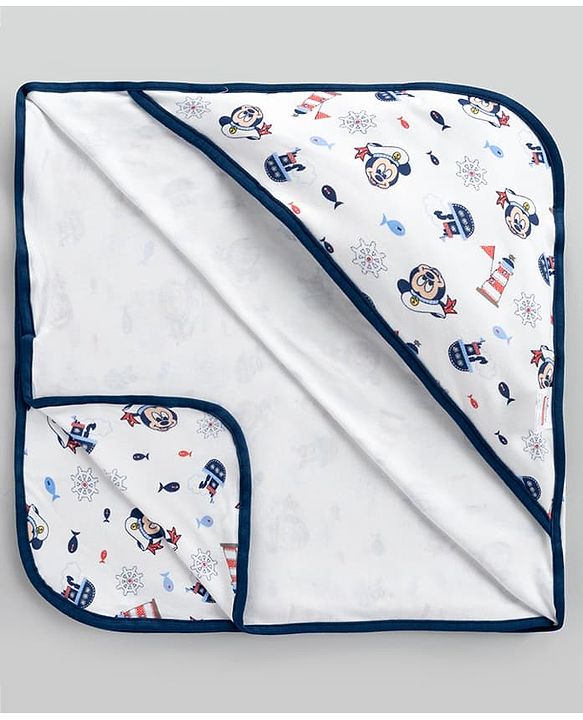 Babyhug Disney Mickey Sailor Print Premium Hooded Wrapper - White| 100% Interlock Cotton| Soft & Breathable| Lightweight & Skin Friendly| 0-6 Months| Prevents Startling Reflex| Travel Friendly