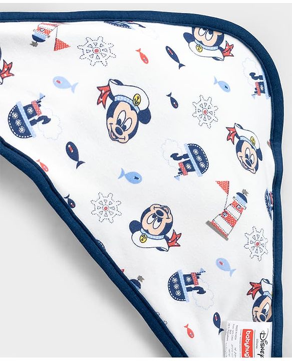 Babyhug Disney Mickey Sailor Print Premium Hooded Wrapper - White| 100% Interlock Cotton| Soft & Breathable| Lightweight & Skin Friendly| 0-6 Months| Prevents Startling Reflex| Travel Friendly