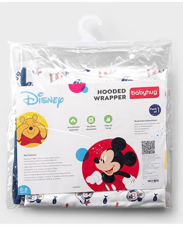 Babyhug Disney Mickey Sailor Print Premium Hooded Wrapper - White| 100% Interlock Cotton| Soft & Breathable| Lightweight & Skin Friendly| 0-6 Months| Prevents Startling Reflex| Travel Friendly