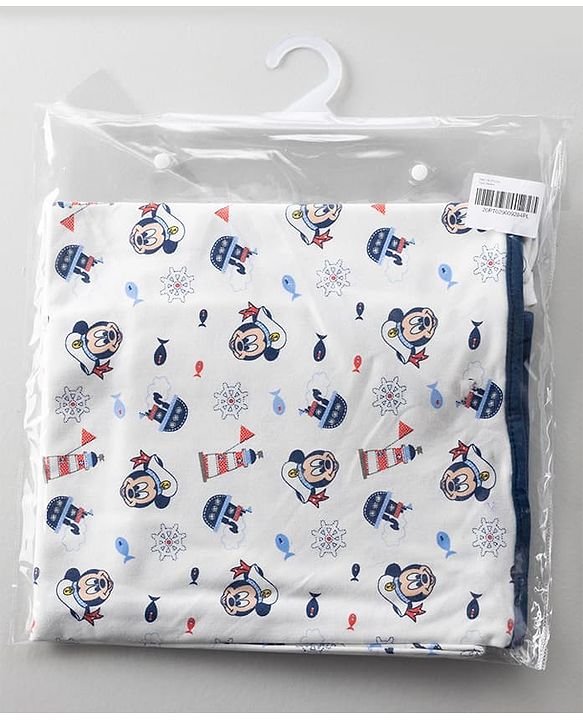 Babyhug Disney Mickey Sailor Print Premium Hooded Wrapper - White| 100% Interlock Cotton| Soft & Breathable| Lightweight & Skin Friendly| 0-6 Months| Prevents Startling Reflex| Travel Friendly