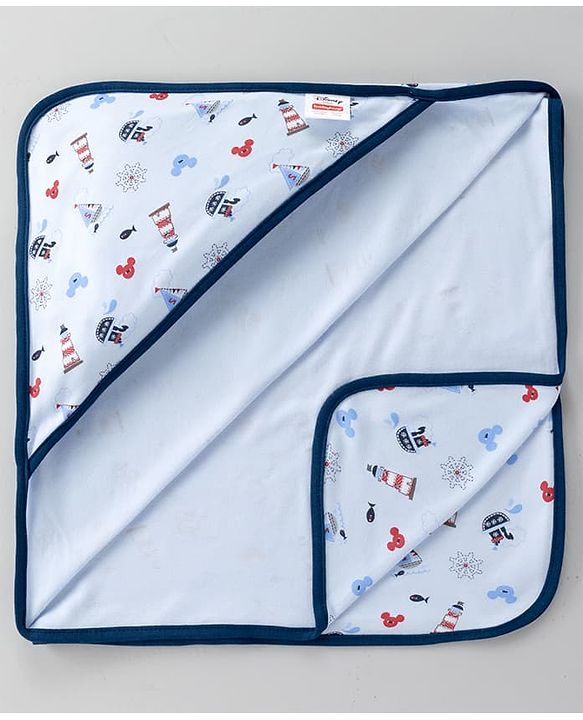 Babyhug Disney Mickey Sailor Print Premium Hooded Wrapper - Blue| 100% Interlock Cotton| Soft & Breathable| Lightweight & Skin Friendly| 0-6 Months| Prevents Startling Reflex| Travel Friendly