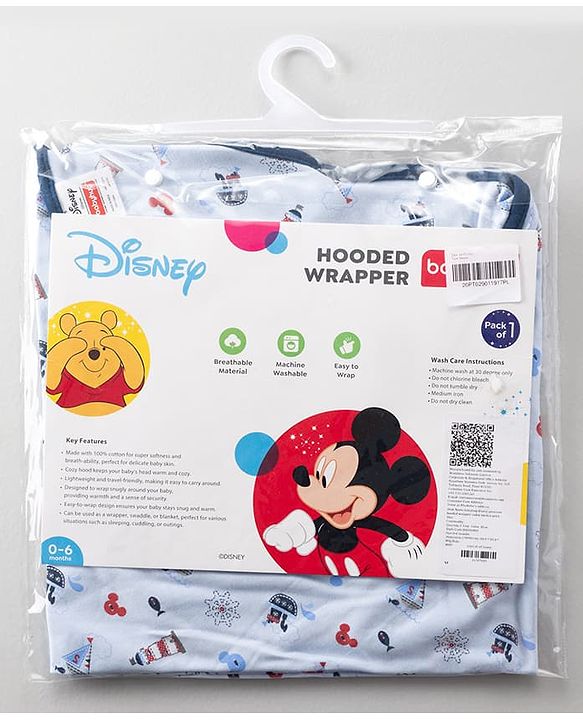 Babyhug Disney Mickey Sailor Print Premium Hooded Wrapper - Blue| 100% Interlock Cotton| Soft & Breathable| Lightweight & Skin Friendly| 0-6 Months| Prevents Startling Reflex| Travel Friendly