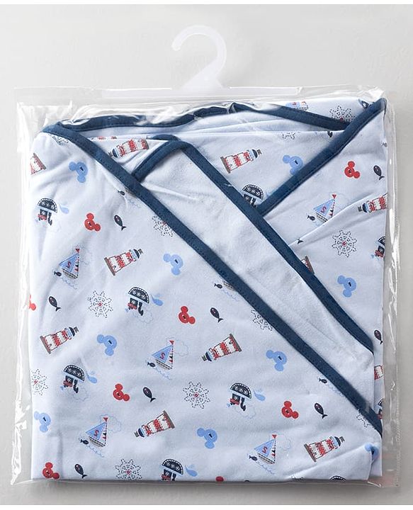 Babyhug Disney Mickey Sailor Print Premium Hooded Wrapper - Blue| 100% Interlock Cotton| Soft & Breathable| Lightweight & Skin Friendly| 0-6 Months| Prevents Startling Reflex| Travel Friendly