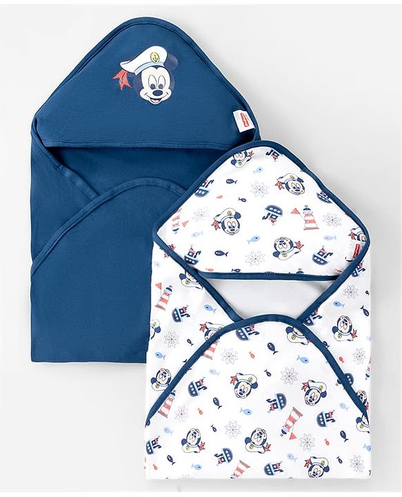 Babyhug Disney Mickey Sailor Print Premium Hooded Wrapper Pack of 2 - White & Navy| Newborn Essential|100% Interlock Cotton|Breathable Lightweight & Skin Friendly|0-6 Months| Prevents Startling Reflex