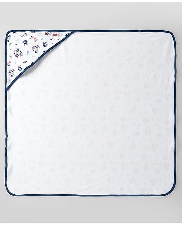 Babyhug Disney Mickey Sailor Print Premium Hooded Wrapper Pack of 2 - White & Navy| Newborn Essential|100% Interlock Cotton|Breathable Lightweight & Skin Friendly|0-6 Months| Prevents Startling Reflex