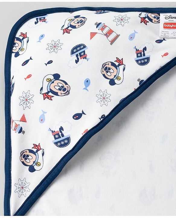 Babyhug Disney Mickey Sailor Print Premium Hooded Wrapper Pack of 2 - White & Navy| Newborn Essential|100% Interlock Cotton|Breathable Lightweight & Skin Friendly|0-6 Months| Prevents Startling Reflex