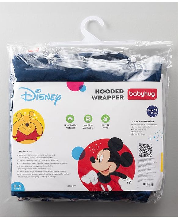 Babyhug Disney Mickey Sailor Print Premium Hooded Wrapper Pack of 2 - White & Navy| Newborn Essential|100% Interlock Cotton|Breathable Lightweight & Skin Friendly|0-6 Months| Prevents Startling Reflex
