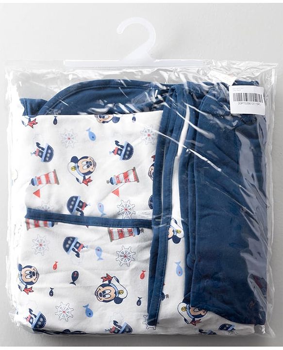 Babyhug Disney Mickey Sailor Print Premium Hooded Wrapper Pack of 2 - White & Navy| Newborn Essential|100% Interlock Cotton|Breathable Lightweight & Skin Friendly|0-6 Months| Prevents Startling Reflex