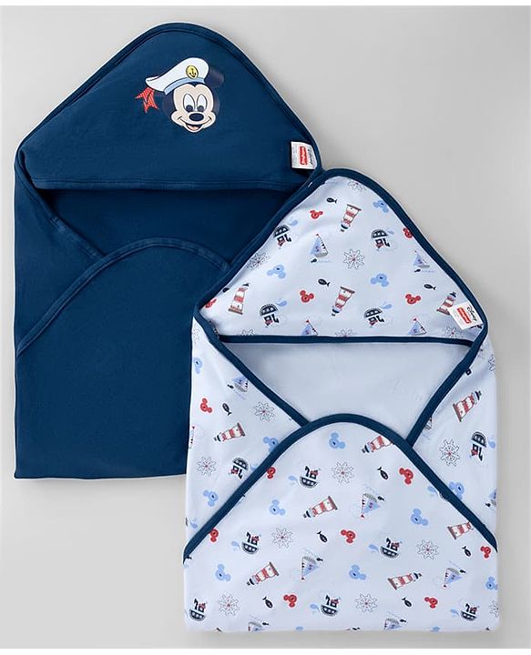 Babyhug Disney Mickey Sailor Print Premium Hooded Wrapper Pack of 2 - Blue & Navy| Newborn Essential| 100% Interlock Cotton|Breathable Lightweight & Skin Friendly|0-6 Months| Prevents Startling Reflex