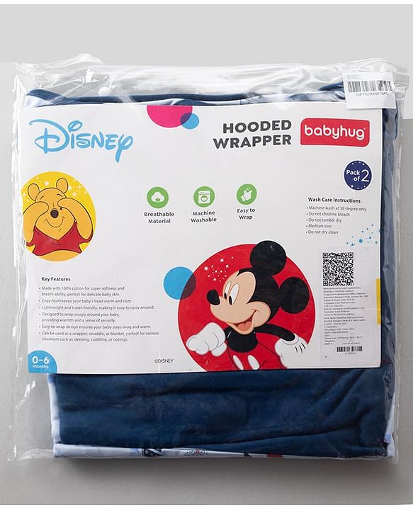 Babyhug Disney Mickey Sailor Print Premium Hooded Wrapper Pack of 2 - Blue & Navy| Newborn Essential| 100% Interlock Cotton|Breathable Lightweight & Skin Friendly|0-6 Months| Prevents Startling Reflex