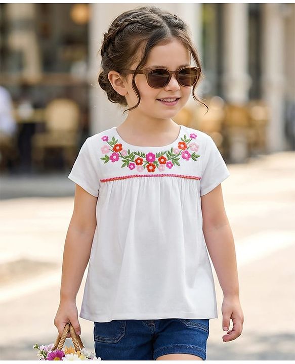 Babyhug Cotton Rayon Woven Half Sleeves Top with Floral Embroidery Detailing - White