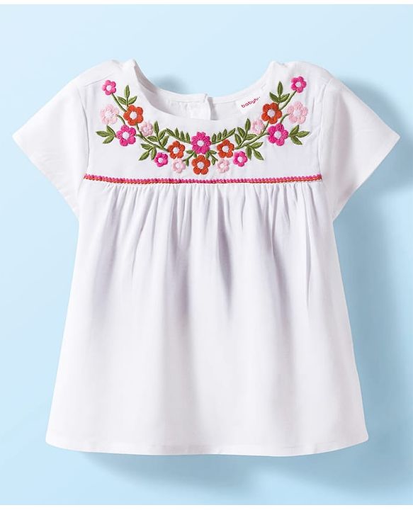 Babyhug Cotton Rayon Woven Half Sleeves Top with Floral Embroidery Detailing - White