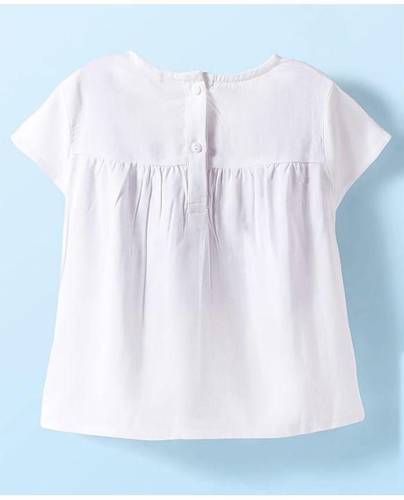 Babyhug Cotton Rayon Woven Half Sleeves Top with Floral Embroidery Detailing - White