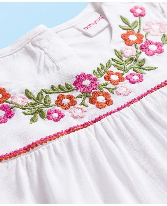 Babyhug Cotton Rayon Woven Half Sleeves Top with Floral Embroidery Detailing - White