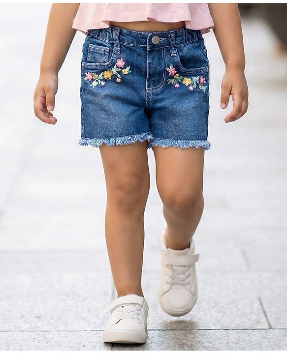 Babyhug Washed Denim Mid Thigh Length Shorts With Stretch &  Floral Embroidery - Navy Blue
