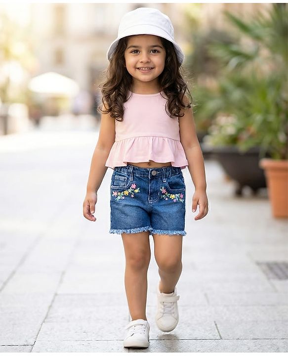 Babyhug Washed Denim Mid Thigh Length Shorts With Stretch &  Floral Embroidery - Navy Blue