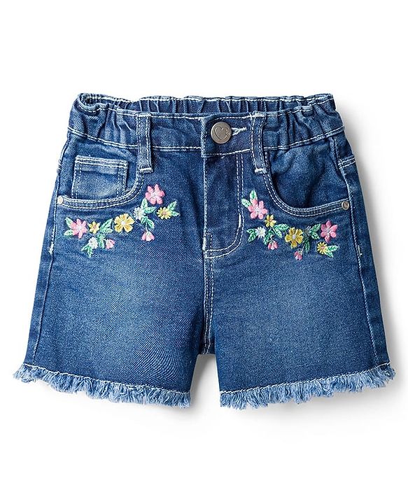 Babyhug Washed Denim Mid Thigh Length Shorts With Stretch &  Floral Embroidery - Navy Blue