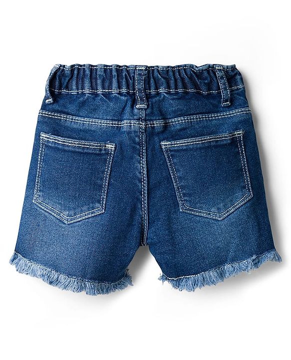 Babyhug Washed Denim Mid Thigh Length Shorts With Stretch &  Floral Embroidery - Navy Blue