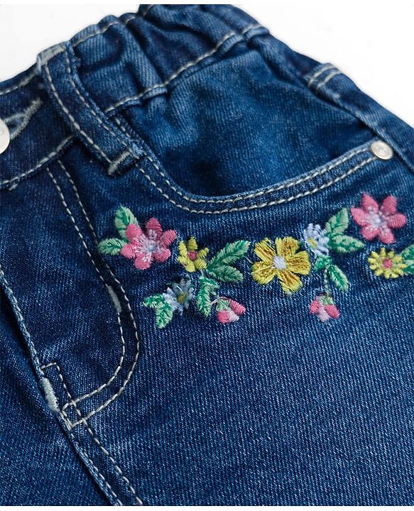 Babyhug Washed Denim Mid Thigh Length Shorts With Stretch &  Floral Embroidery - Navy Blue
