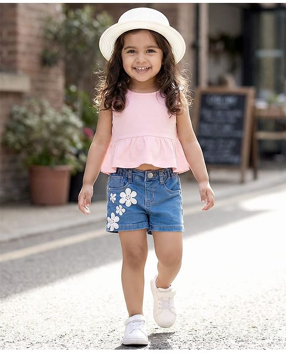 Babyhug Mid Thigh Washed Denim Shorts With Floral Applique & Stretch - Light Blue