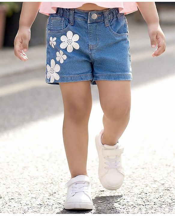 Babyhug Mid Thigh Washed Denim Shorts With Floral Applique & Stretch - Light Blue