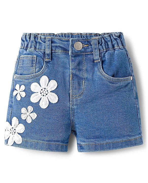 Babyhug Mid Thigh Washed Denim Shorts With Floral Applique & Stretch - Light Blue