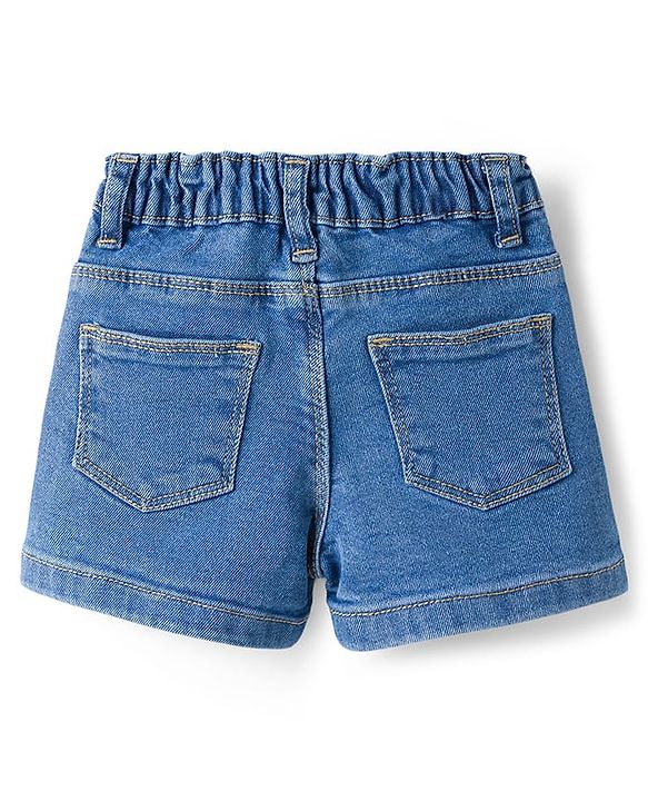 Babyhug Mid Thigh Washed Denim Shorts With Floral Applique & Stretch - Light Blue
