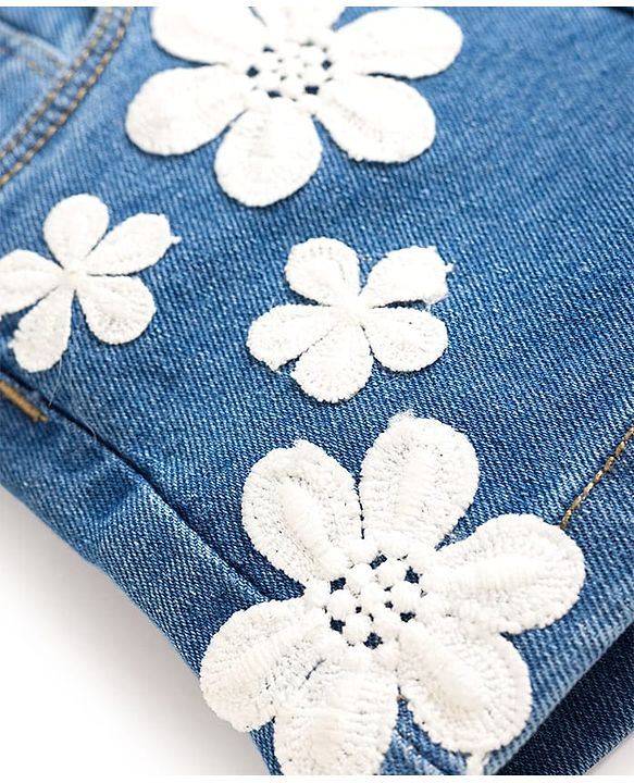 Babyhug Mid Thigh Washed Denim Shorts With Floral Applique & Stretch - Light Blue