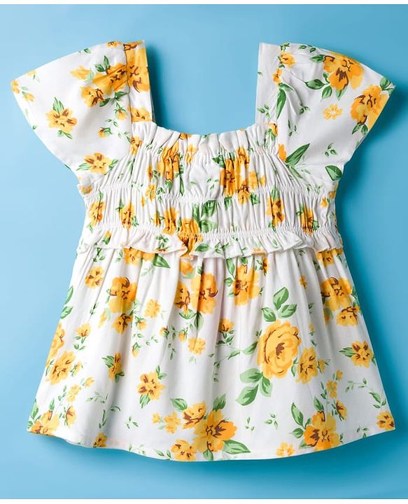 Babyhug Rayon Woven Half Sleeves Top With Floral Print - White