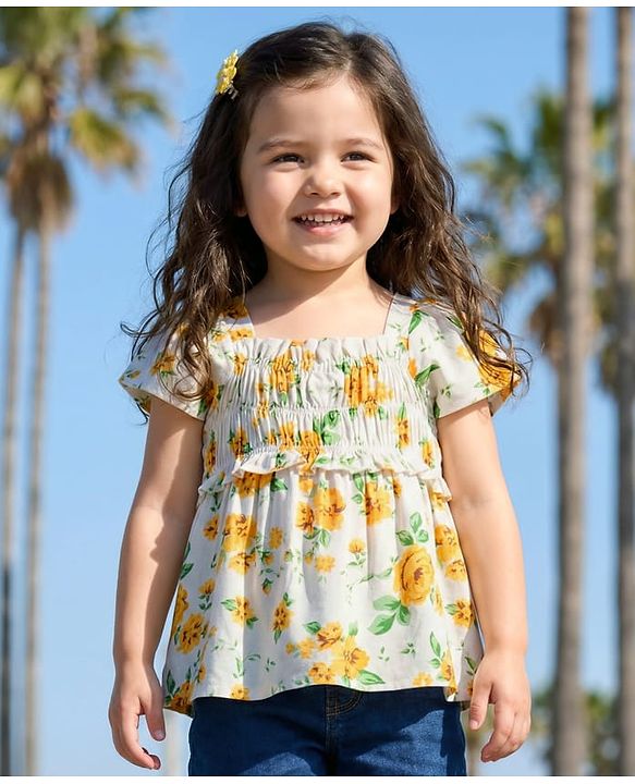 Babyhug Rayon Woven Half Sleeves Top With Floral Print - White