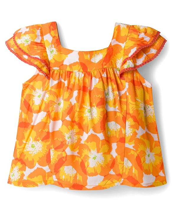 Babyhug Rayon Woven Half Sleeves Top With Floral Print - Orange